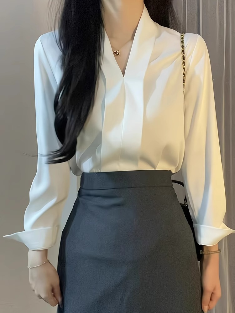 ホワイトフォーマルVネックプロフェッショナルシャツレディース春と秋高級気質スーツ職場シャツレディース通勤トップ