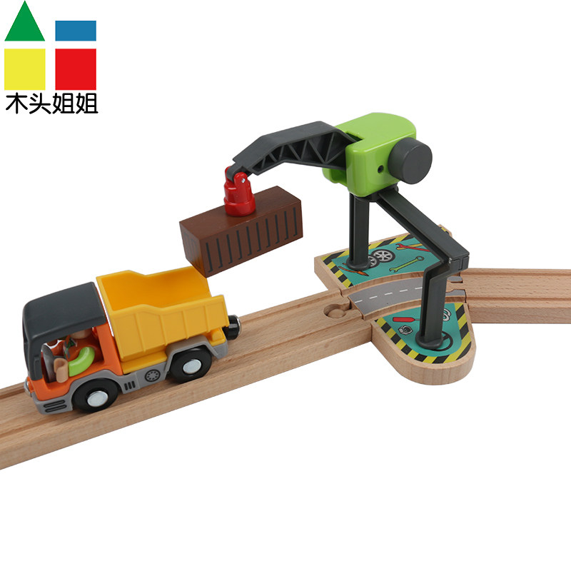 Track Bending Crane Tower Crane Magnetic Cargo Train Compatible with IKEA Wooden Tracks Toys for Boys and Girls