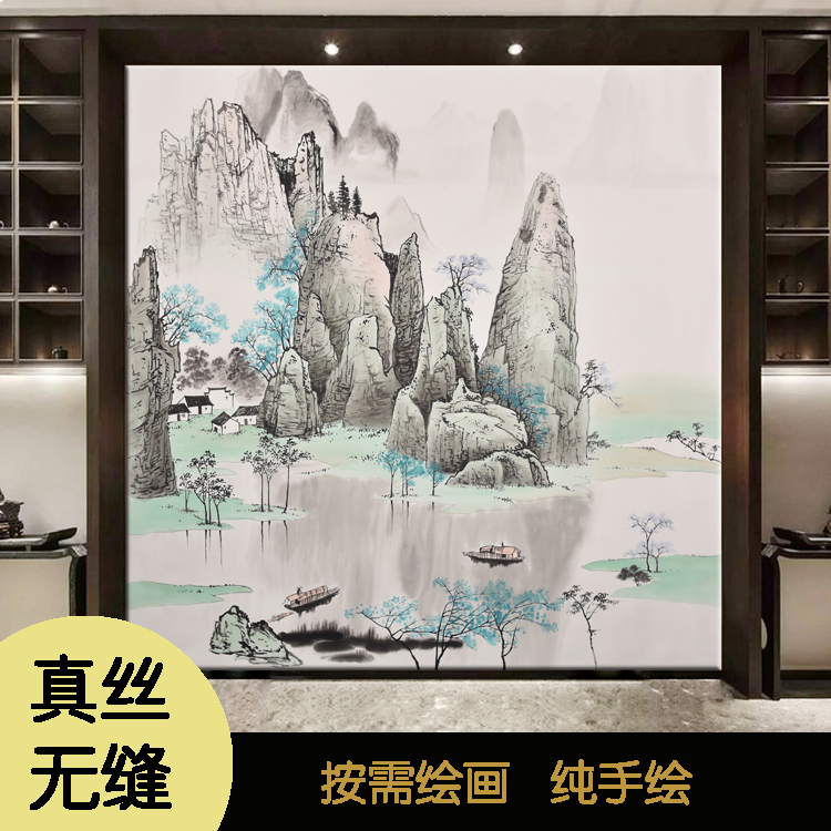 New Chinese ink classical pure hand-painted custom seamless silk TV background wallpaper freehand landscape porch