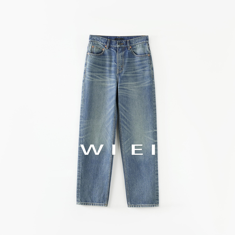 《Wi Ei》Cat Whiskers Denim* Vintage Washed Distressed Loose Casual Cat Whiskers Pattern Jeans W26103073