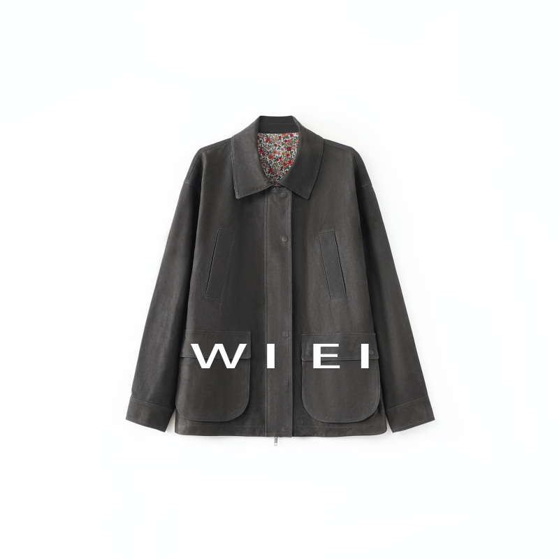 《Wi Ei》Leather Jacket Made of 100% Sheep Leather, Washed and Oiled, Patchwork Leather Jacket W26110050