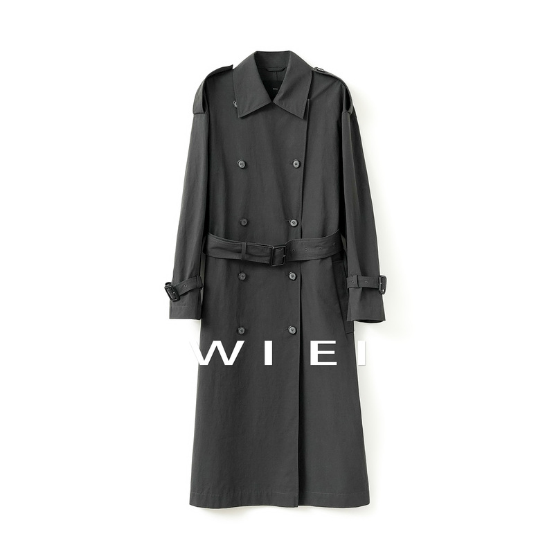 《Wi Ei》Green Coat Heavyweight 100% Cotton Vintage Distressed Structured Long Trench Coat W26107018