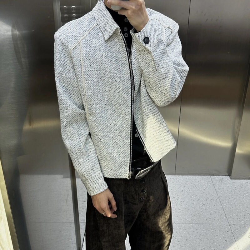 Gray and White Woven Tweed Chanel-Style Versatile Commuter Jacket, Short Style, Regular Shoulder Fit, Loose Zipper Coat, Versatile New Model