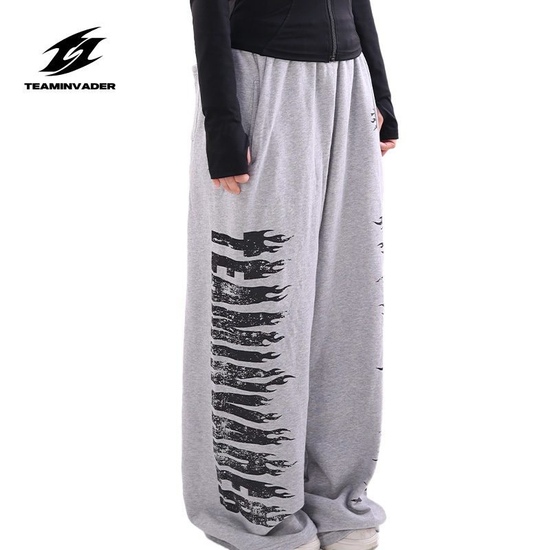 Ti Dance Autumn and Winter New Trendy Brand Flame Sweatpants Sports Casual Street Style Long Pants Unisex Jazz Dance Wide-Leg Pants