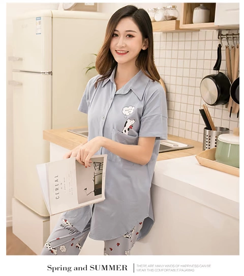 Bộ đồ ngủ nữ mùa hè cotton quần ngắn tay áo nịt hoạt hình Hàn Quốc có thể mặc bên ngoài bộ đồ phục vụ tại nhà - Bộ Pajama