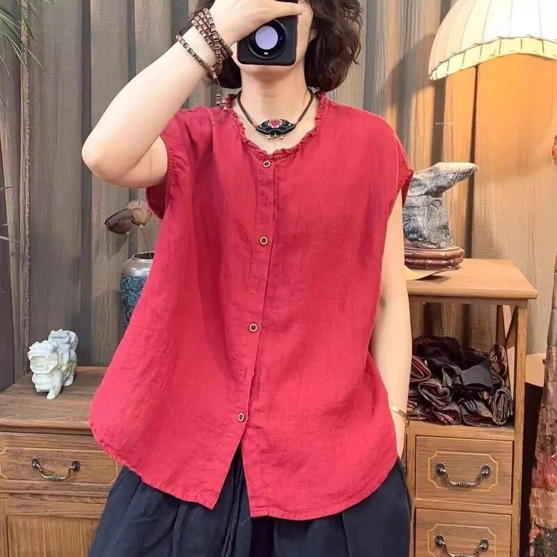 2025 Summer Thin New Retro Sleeveless Shirt Cotton and Linen Casual Large Size Korean Loose Slim Open Top Women's Foreign Trade Trend 2025 Summer Thin New Retro Sleeveless Shirt Cotton and Linen Casual Large Size Korean Loose Slim Open Top Women's Foreign Trade Trend