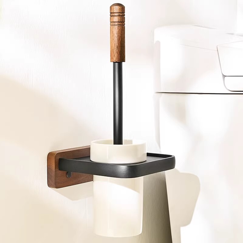 North American Imported Walnut Toilet Brush for Home Use, No Dead Corners, Wall-Mounted Cleaning Brush with Long Handle and Storage Rack