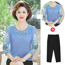 Mom summer Western style qi fen xiu top middle-aged female summer short sleeve T-shirt middle-aged Ice Silk suit small