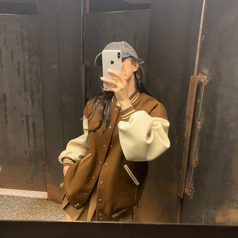 are U shop coffee color quilted baseball jacket women's autumn and winter woolen thickened brown loose small jacket