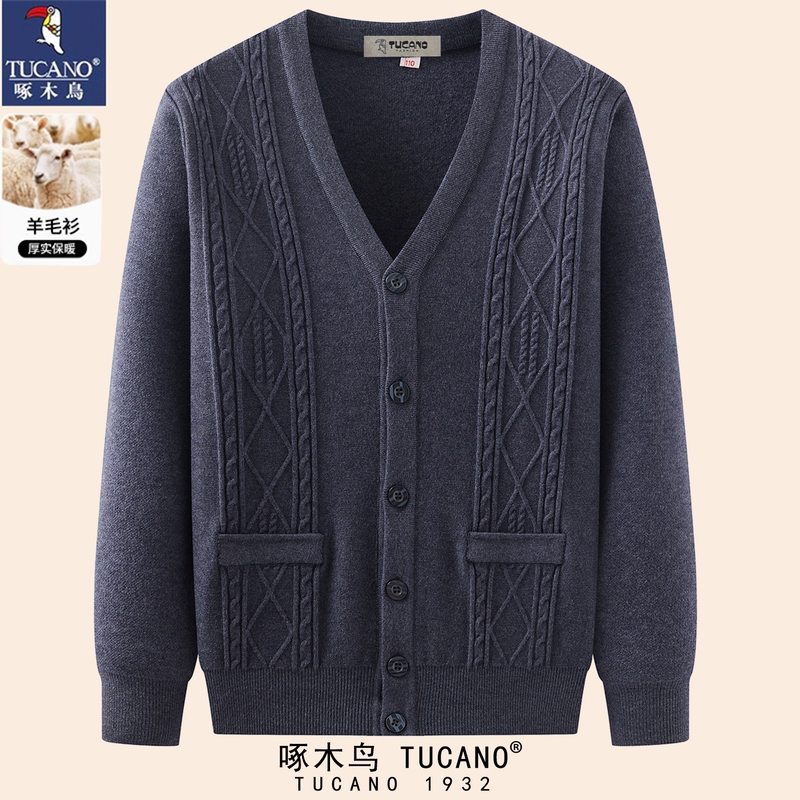 Woodpecker Wool Sweater Men's Cardigan Coat Knitwear Autumn and Winter Middle-Aged and Elderly Dad's Base Shirt 2025 New Style
