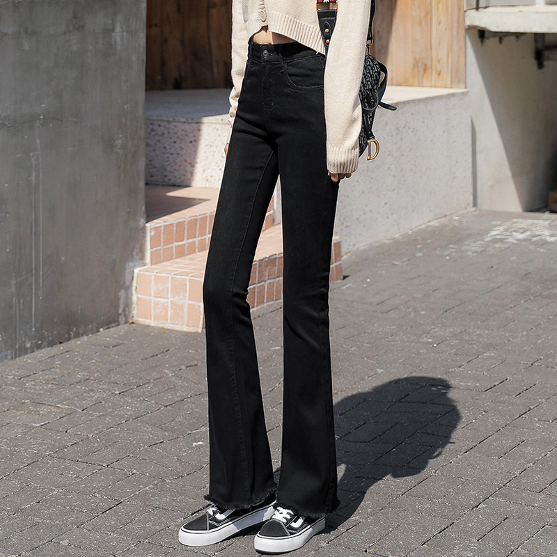 Black Micro Horn Jeans Female Autumn Winter Plus 2021 New conspicuously tall and luxurious and luxurious broadlegged trousers