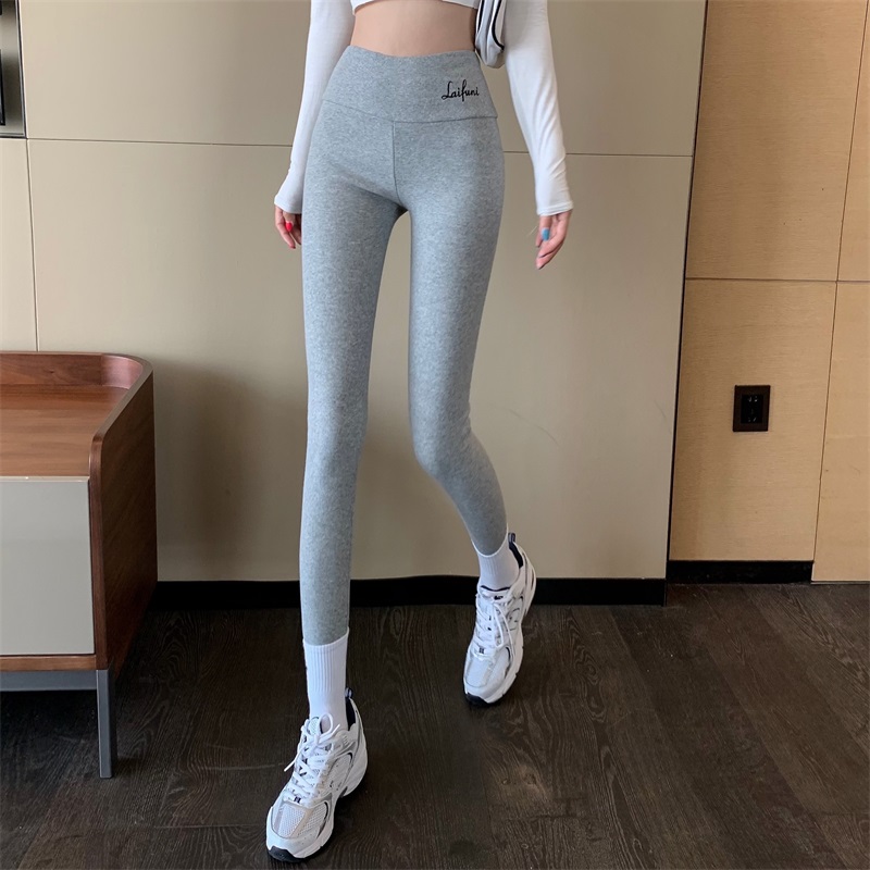Gray bottoming women's spring, autumn and winter outer wear high waist elastic tight-fitting thin yoga feet fitness plus velvet