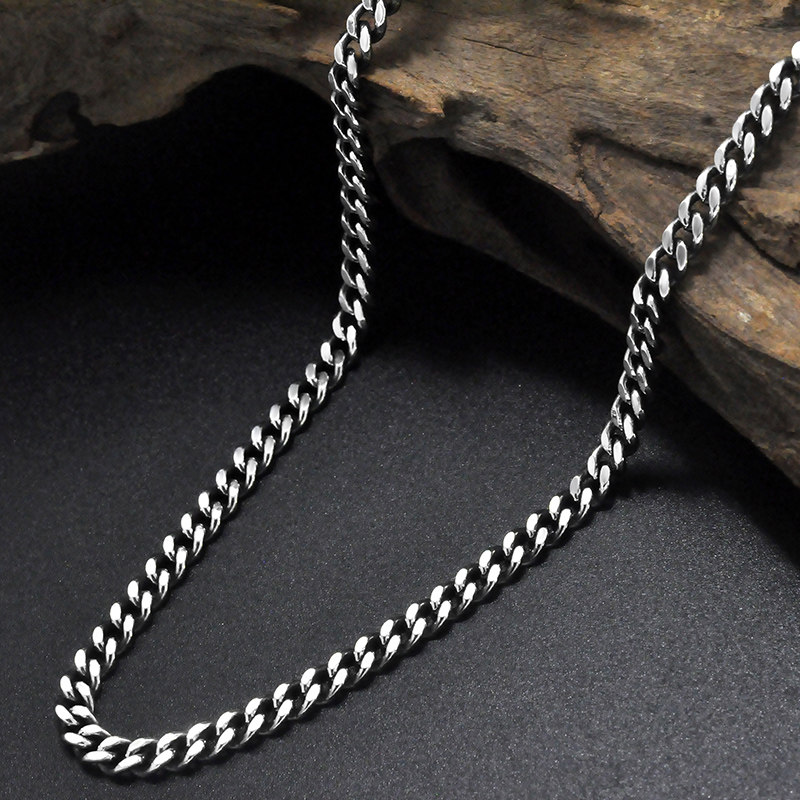 S925 sterling silver necklace Male hip hop Cuban chain personality retro clavicle chain Thai silver simple and versatile hiphop