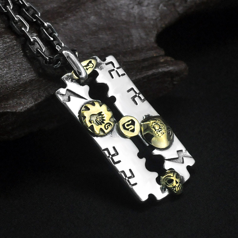 S925 silver men's old blade pendant retro yuppie trendy personality Nicholas Tse same necklace pendant lettering - Taobao
