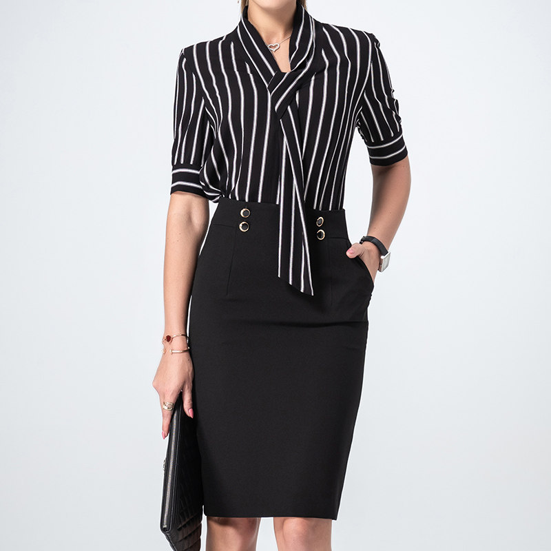 Temperament Business Career Suit Women Striped Shirt Sleeve Dress Positive Dress Ol Interview Sleeve Dress Work Sample House Display Center Workwear