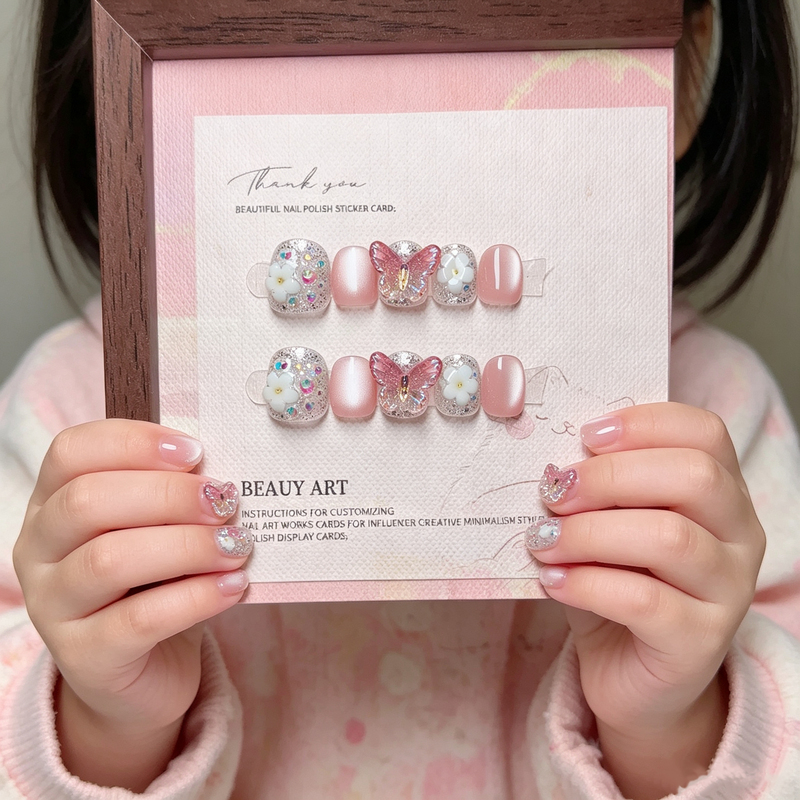 Pink Fairy Butterfly Flower Children's Handmade Cat-Eye Wearable Nails Cute Sweet Style Nail Stickers High-End Nails Pink Fairy Butterfly Flower Children's Handmade Cat-Eye Wearable Nails Cute Sweet Style Nail Stickers High-End Nails