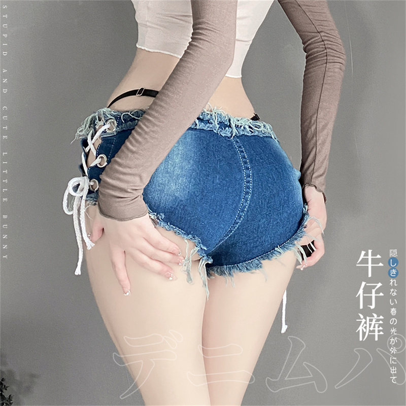 Cutie: Lingerie Denim Shorts Hot Bar Nightclub Performance Uniform Zipper Hot Pants Ripped Black Stockings Matching Set