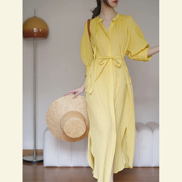 French tea break dress Royal sister style temperament goddess fan chic high-quality texture yellow shirt dress summer