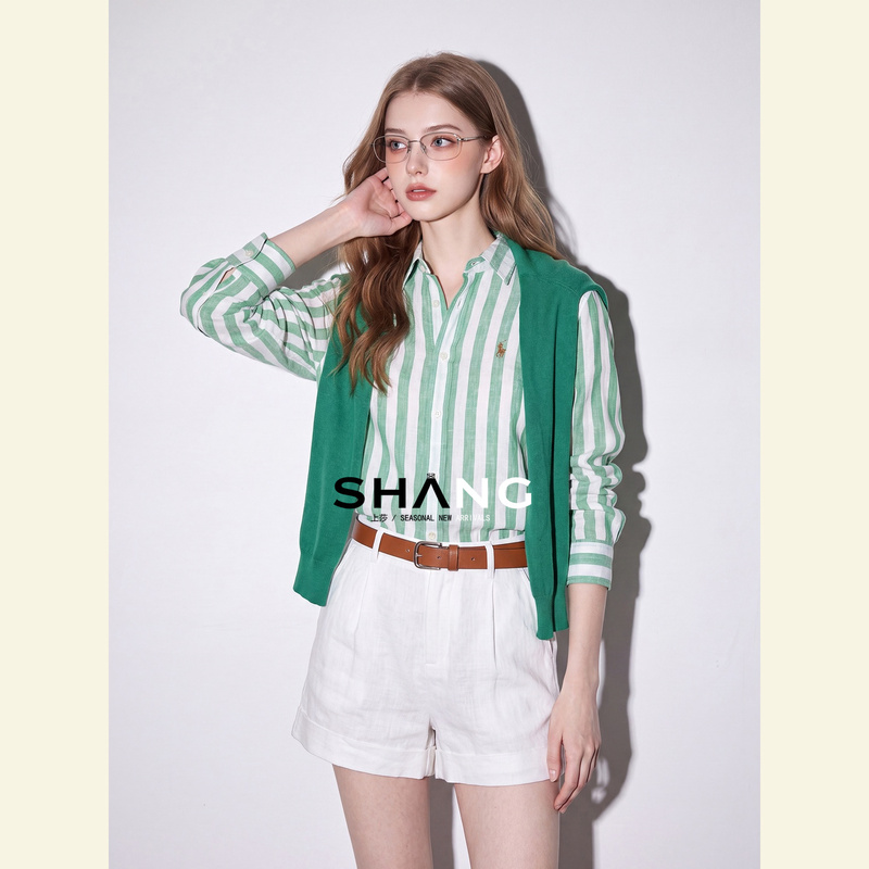 Stylish Linen Shirt with Green Stripes in a Vintage Style, Korean-Inspired, High-Fashion, Beautiful and Unique Ramie Shirt for Autumn