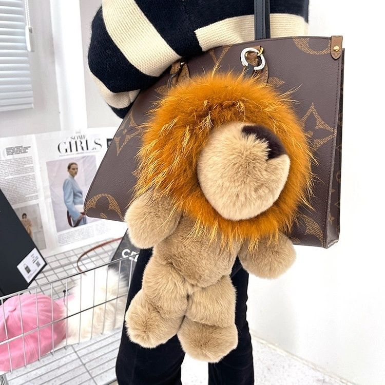 Large Lion Plush Backpack Pendant with Real Rex Rabbit Fur, Dominant Lion King Doll, Souvenir Gift for Holidays
