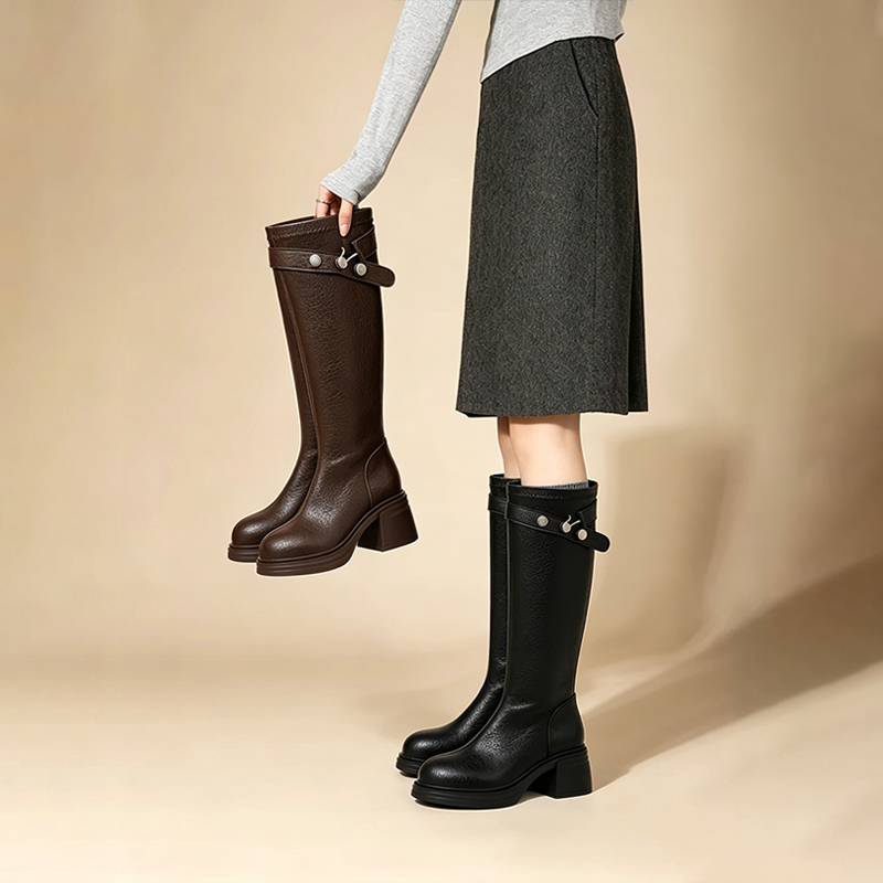 Vintage Thick-Soled High-Heeled Long Boots for Women, Slim Boots for Petite Figures, Chunky Heel with Belt Buckle, Wide Calf Circumference Riding Boots Vintage Thick-Soled High-Heeled Long Boots for Women, Slim Boots for Petite Figures, Chunky Heel with Belt Buckle, Wide Calf Circumference Riding Boots