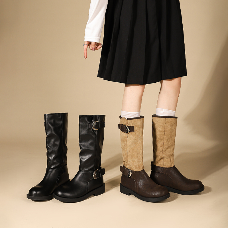 Mada Shu Vintage Genuine Leather Patchwork Long Boots for Women, Hidden Heel, Chunky Heel, Western Stacked Boots, Autumn and Winter Fleece-Lined Riding Boots Mada Shu Vintage Genuine Leather Patchwork Long Boots for Women, Hidden Heel, Chunky Heel, Western Stacked Boots, Autumn and Winter Fleece-Lined Riding Boots