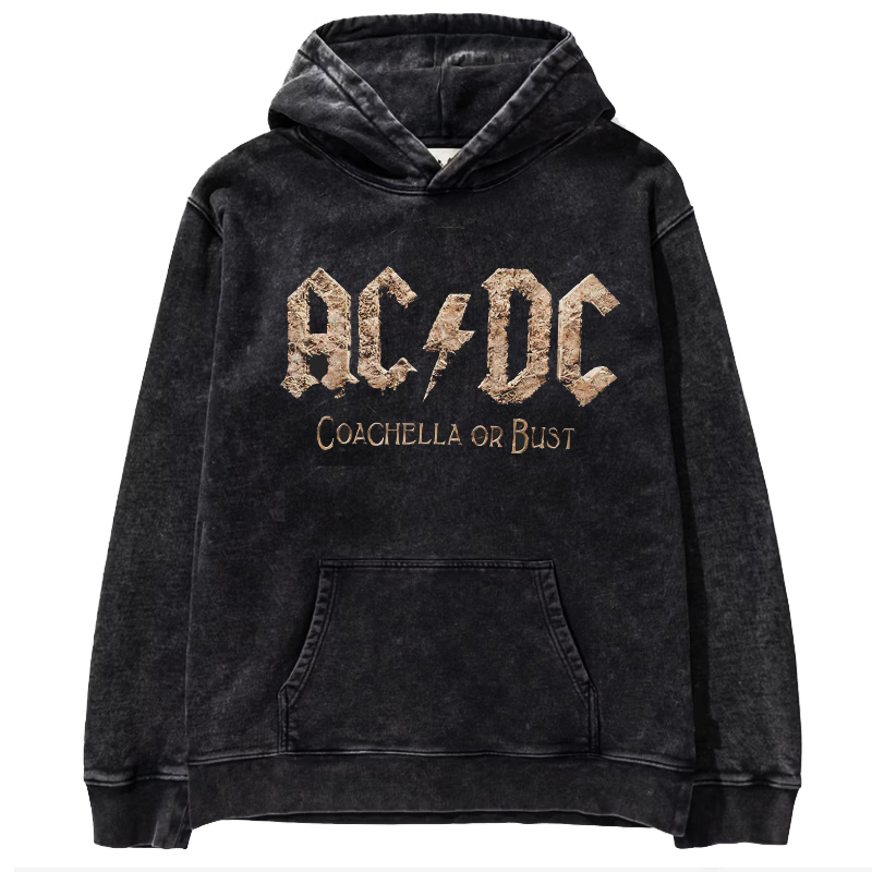 80S Ac/Dc Band Music Rock Oversize American Retro Distressed Washed Batik Loose Hooded Sweatshirt