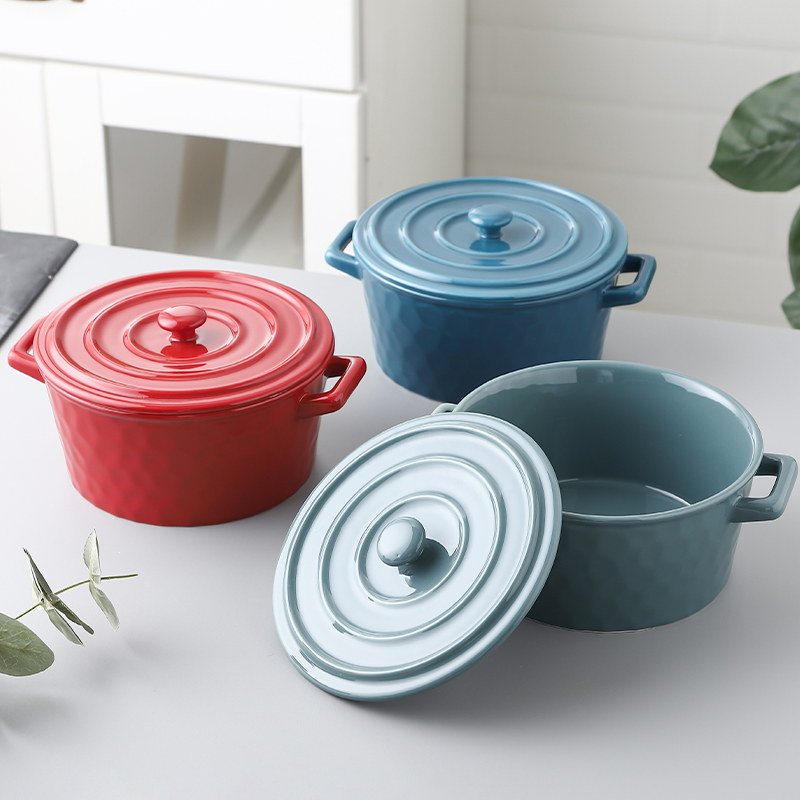 Large capacity double ear bowl ceramic soup bowl Nordic lid folding bowl insulation pure color personality student household tableware