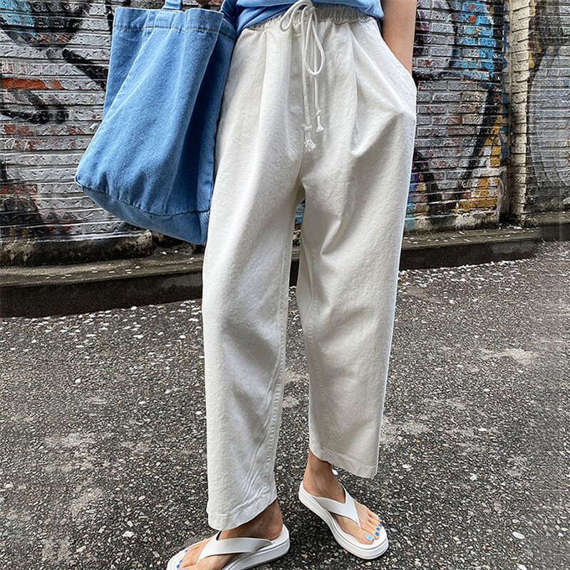White casual pants women's spring 2022 new Korean wild solid color comfortable elastic waist drawstring wide leg pants