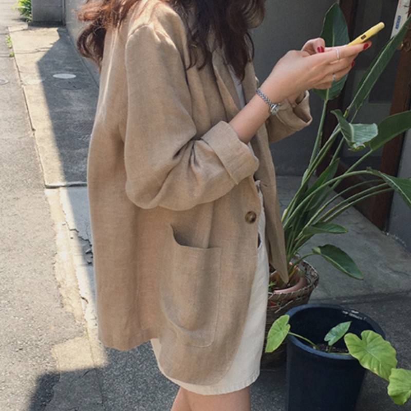 Early autumn cotton and linen small suit female 2022 Korean style simple cold wind high-end suit casual commuter coffee color jacket