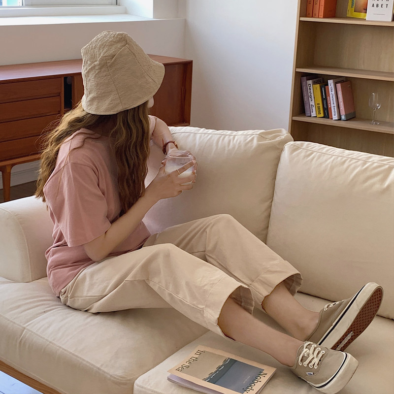 White wide-leg casual pants women's 2022 summer new Korean vitality girl high-waisted nine-point straight-leg pants all-match