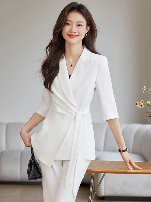 White Three-Quarter Sleeve Suit Set for Women, Summer Thin Style, Stylish and Elegant Goddess-Style Suit Set, Beauty Salon Workwear White Three-Quarter Sleeve Suit Set for Women, Summer Thin Style, Stylish and Elegant Goddess-Style Suit Set, Beauty Salon Workwear