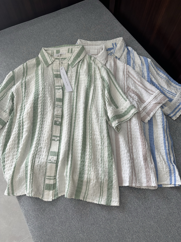 Jane Delancef Original Order Rayon Striped Shirt with a Turn-Down Collar, Short-Sleeved T-Shirt, New Summer Style for Women Jane Delancef Original Order Rayon Striped Shirt with a Turn-Down Collar, Short-Sleeved T-Shirt, New Summer Style for Women