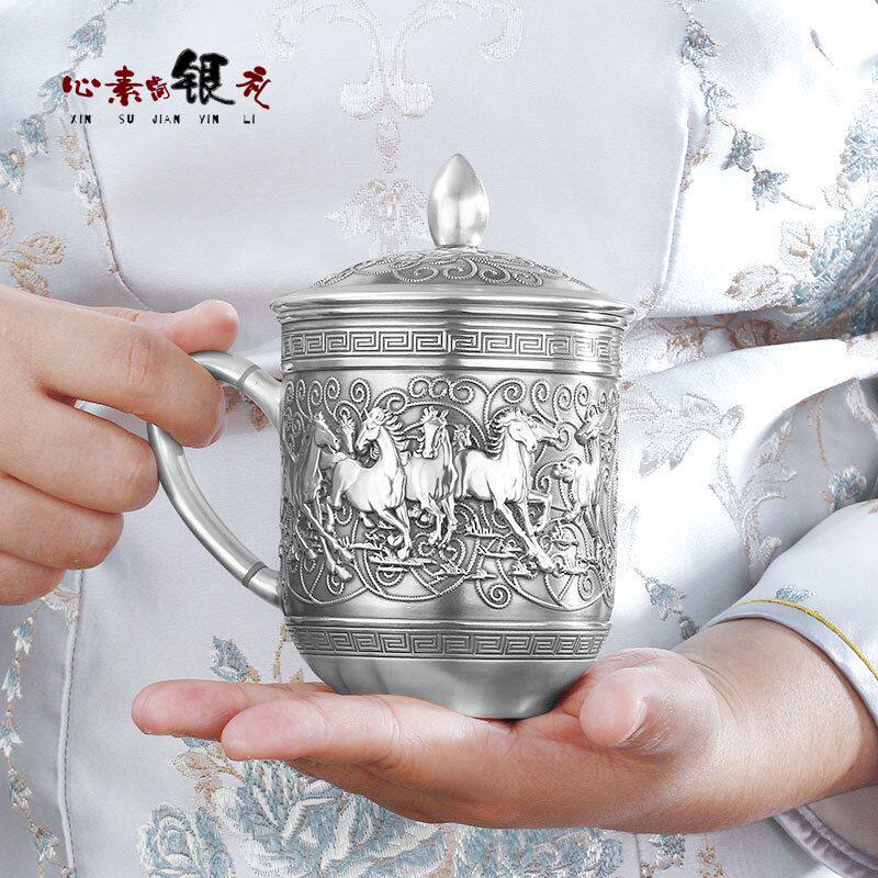 Silver cup 999 Sterling silver water cup All silver teacup Tea bowl Double silver office cup with handle Chinese tea set gift