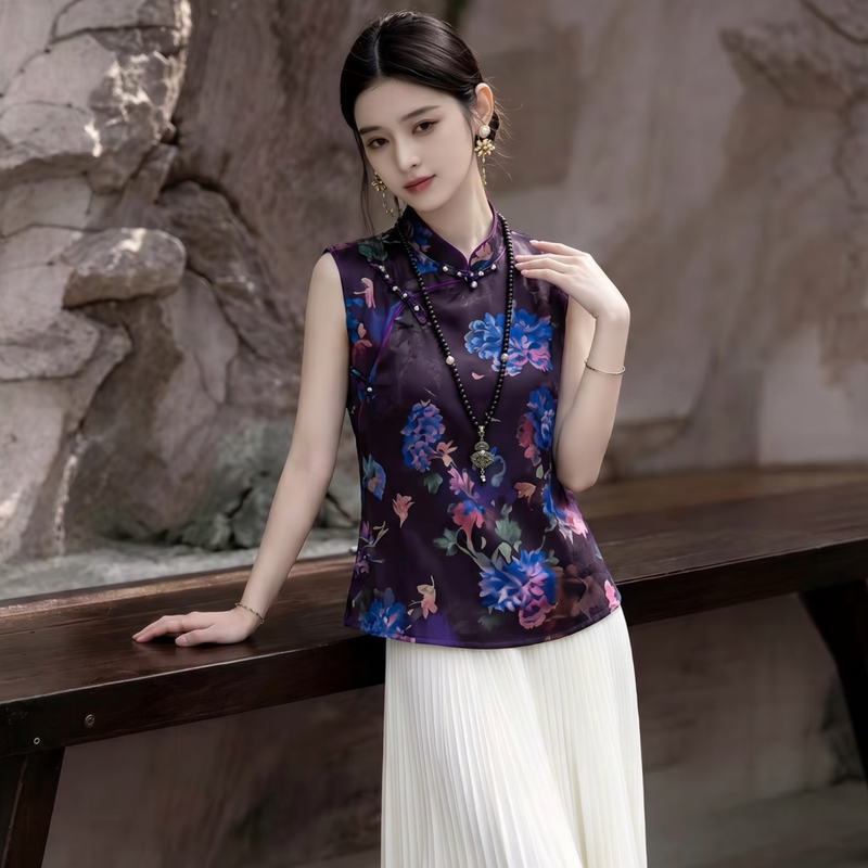Fashionable Chinese-Style Jacquard Shirt for Women, New Summer Style, Stylish, Age-Reducing, Slimming Vest, Diagonal Placket, Button-Up, Elegant Shirt