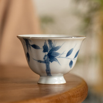 Pure Hand Painted Gentleman Blue Bamboo Tea Cup High Foot Cup Single Cup Ceramic Home Tasting Cup Retro Drinking Tea Cup Glaze Lower