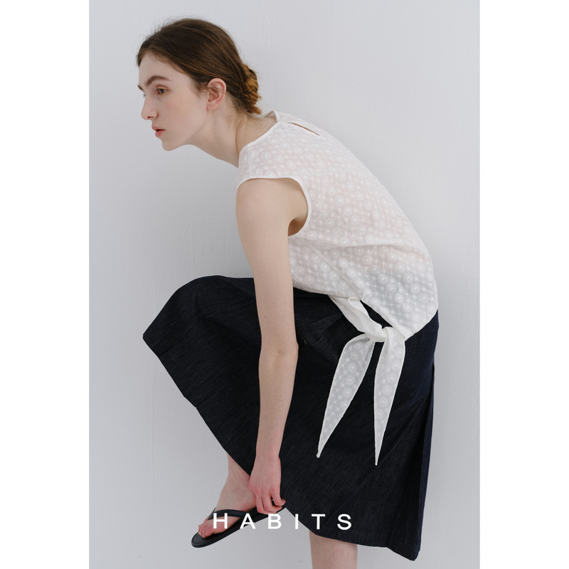 Habits Custom-Woven Textured Embroidered Fabric, Summer-Feel Sleeveless Vest with Tie-Up Hem Design Habits Custom-Woven Textured Embroidered Fabric, Summer-Feel Sleeveless Vest with Tie-Up Hem Design