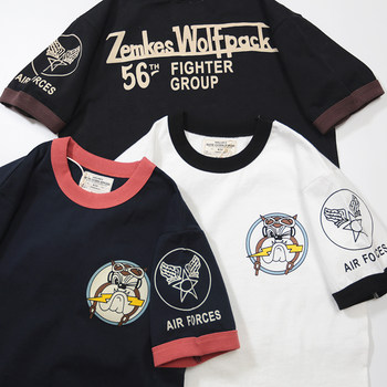 American retro cartoon dog air force 230g color-blocked unisex men and women's pure cotton pure neck round-sleeved t-shirt