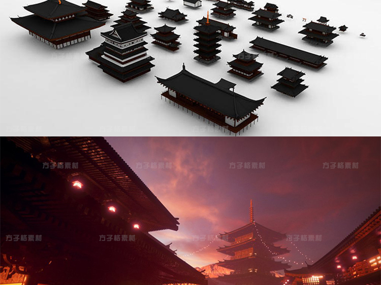 幕府时代日本宝塔寺庙等东方哲学建筑场景3D模型 Kitbash3D – Edo Japan c4d/blender/fbx/obj  K026-cg男孩