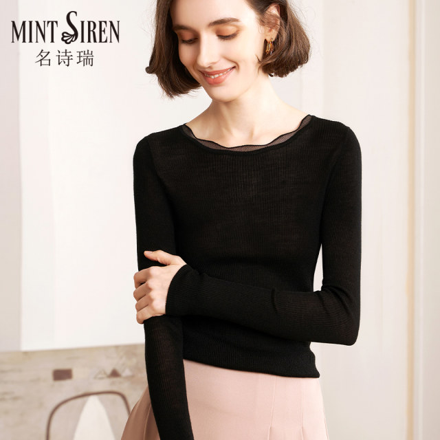 2024 Spring and Autumn New Arrival Bottoming Sweater Women's Black Low Collar Lace Trim Simple Knit Sweater Long Sleeve Slim Slim