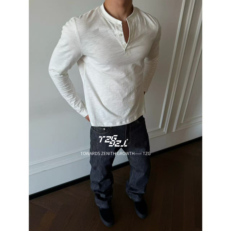 Tzg White Henley Collar High-Weight Slub Cotton Textured Long-Sleeve T-Shirt for Men and Women, Relaxed Fit, Old Money Style Base Shirt Tzg White Henley Collar High-Weight Slub Cotton Textured Long-Sleeve T-Shirt for Men and Women, Relaxed Fit, Old Money Style Base Shirt
