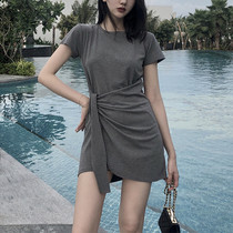 Black Grey Tandem Dress Woman 2021 new Summer collections Waist Trend Temperament Sexy a small a-character t-shirt short dress