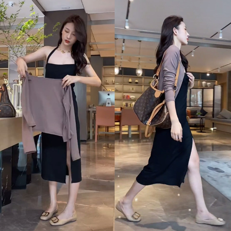 2021 early autumn new knitted cardigan coat long version slim fit and slim design sense hanging neck slit dress suit
