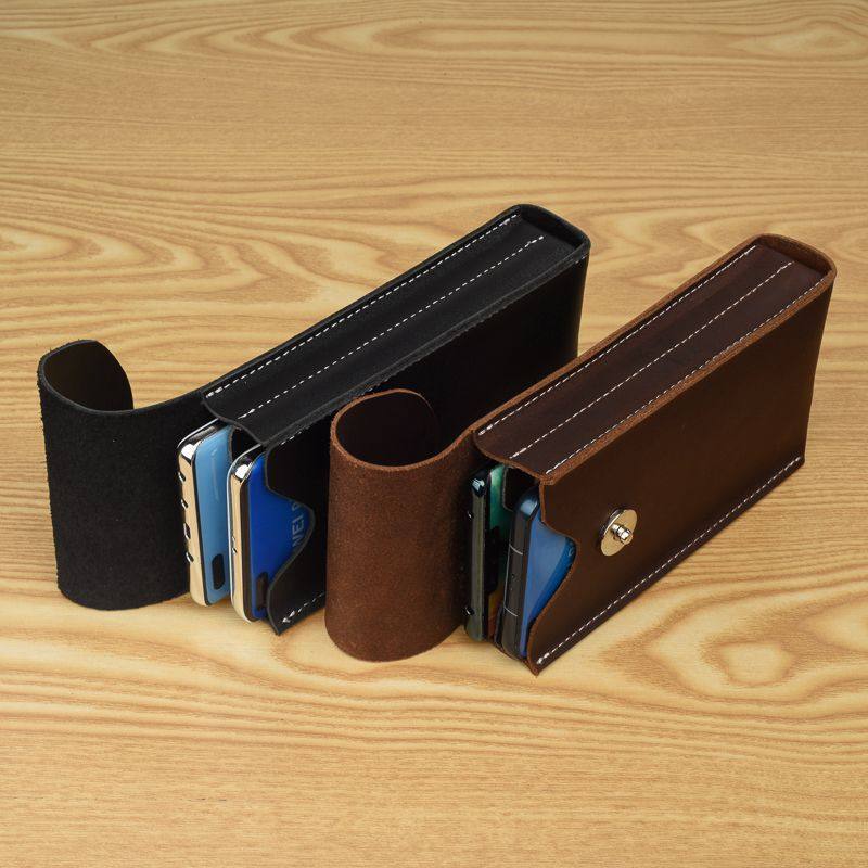 Leather dual mobile phone pockets wear belt two mobile phone storage bags two-in-one double-layer cowhide sleeve vertical ultra-thin men