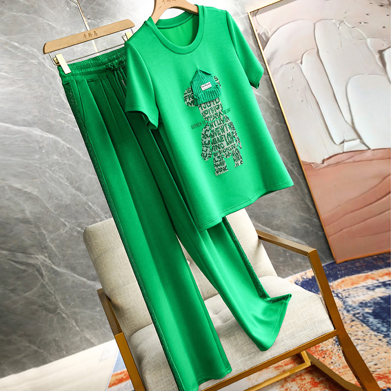 2022 Spring Summer Trendy Foreign Pie Short Sleeve Green Casual Fashion Loose Broadlegged Pants Sportswear Suit Woman Spring Autumn
