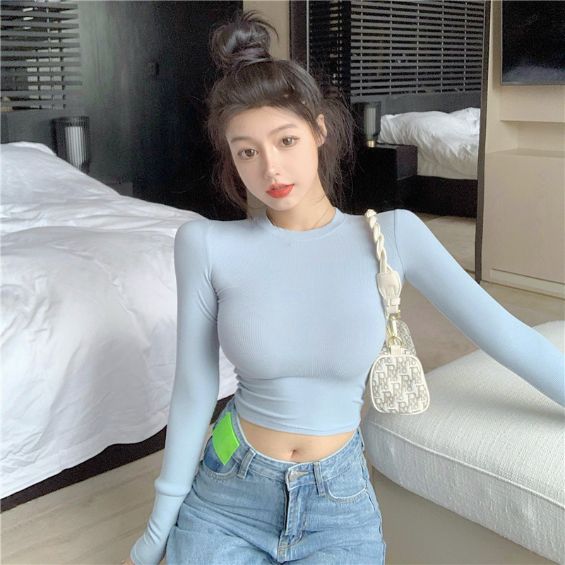 2026 Spring Fashion Short Cropped Tight-Fitting Sexy High-Waisted Slimming Base Shirt Inner Layer Women's Long-Sleeve T-Shirt Top