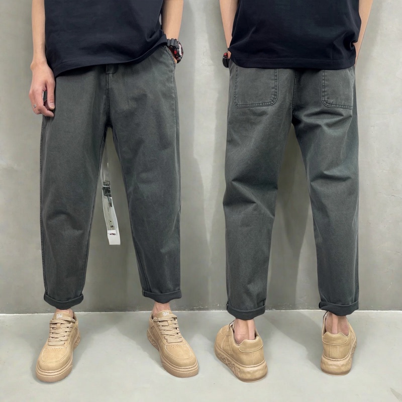Spring and Summer New Vintage Cotton Casual Pants Tapered Straight Versatile Solid Color Trendy Nine-Point Workwear Casual Pants for Men