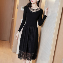Lace Knit one-piece dress Skirt Bottom Inner Hitch Long Sleeve Autumn Winter New Fashion Middle Long black sweater long dress