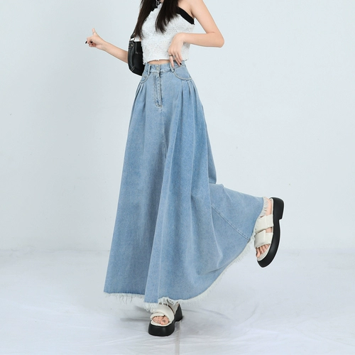 Ретро синяя летняя джинсовая юбка, длина миди, высокая талия, по фигуре