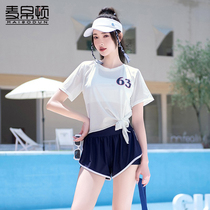 Summer New Split Swimsuit Women Short Sleeve Red Sports Wind Close Conservative Flat Cape Three Pieces
